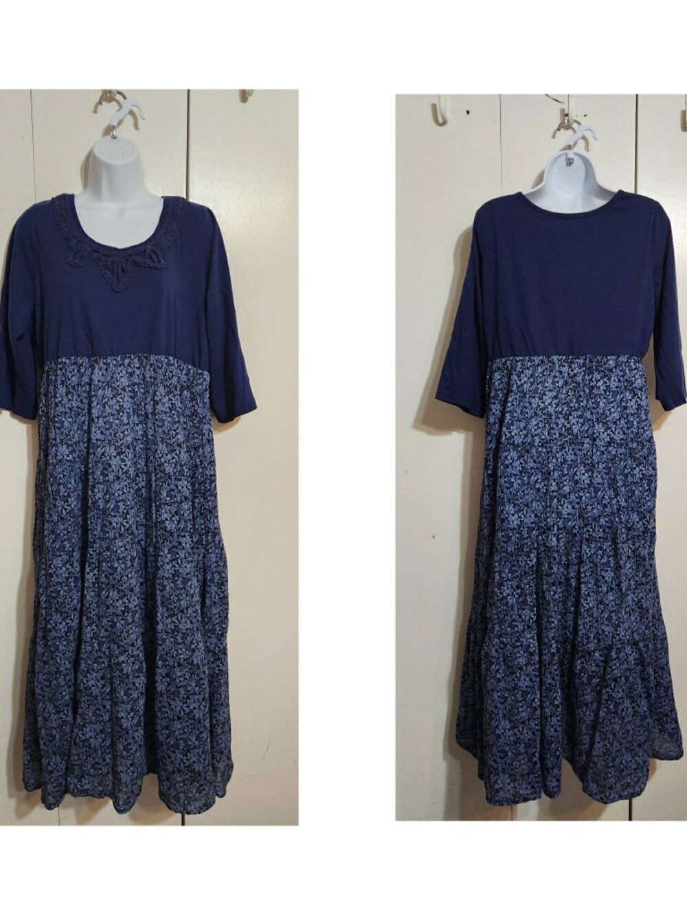 VTG 90s G Unit Fashions Vintage Maxi Dress L Blue Floral Knit Crochet Modest